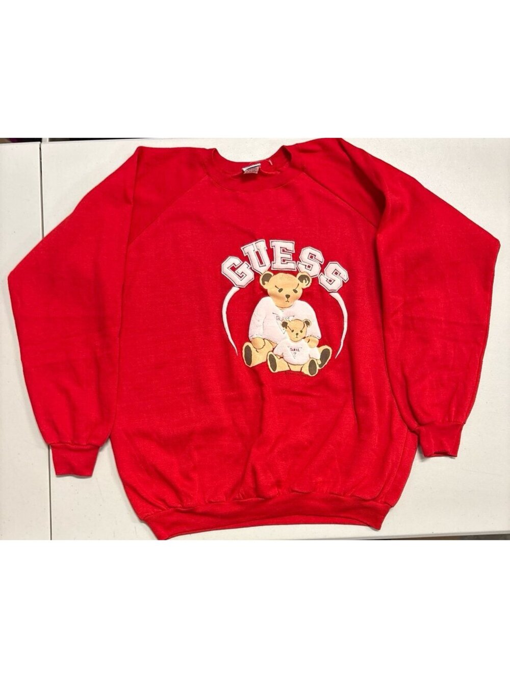 Vintage 80s GUESS Georges Marciano Teddy Bear Graphic Crewneck Sweatshirt Red
